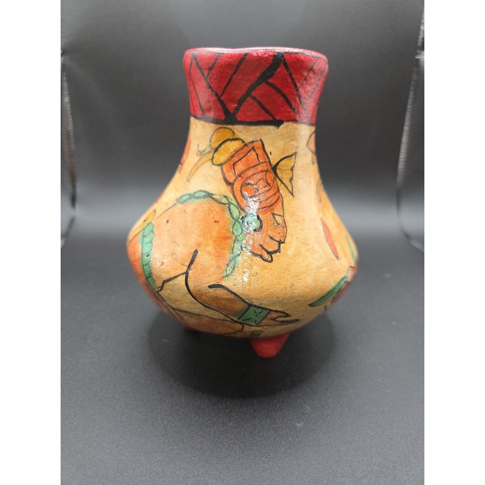 Vintage Mayan Style Hand Painted‎ Tripod Pottery Vase Folk Art Terracotta Red